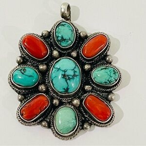 Breathtaking Vintage Tibetan Sterling/Coral/Turquoise Pendant. Southwestern Feel